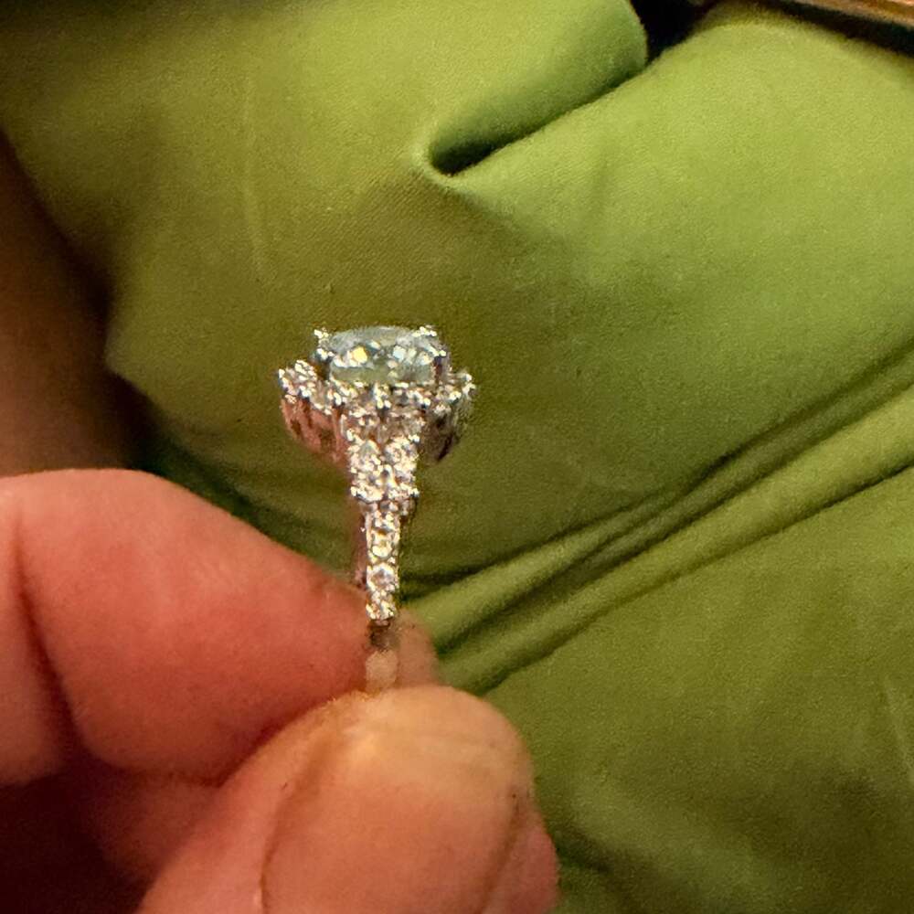 Moissanite Halo Engagement Ring with Pave Split Shank in White Gold